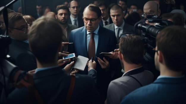 Photo journalist at a press conference taking notes and asking questions press badge visible amid a group of journalists generative ai