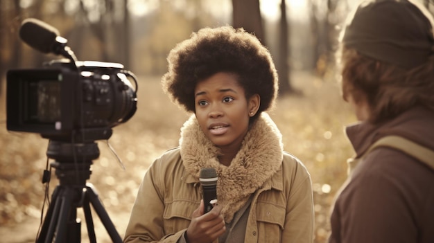Journalist Vrouw Afro-Amerikaans Jongvolwassene Interviewt iemand in het veld in Outdoors Generative AI AIG22