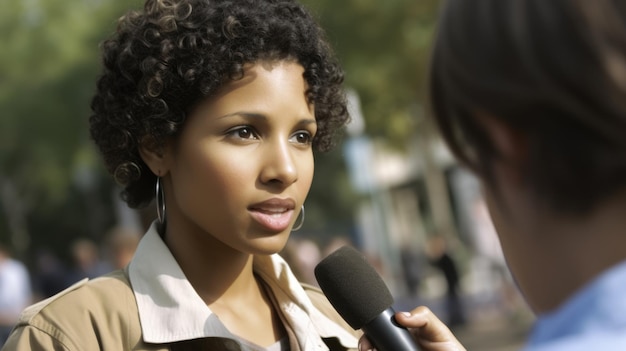 Journalist Vrouw Afro-Amerikaans Jongvolwassene Interviewt iemand in het veld in Outdoors Generative AI AIG22