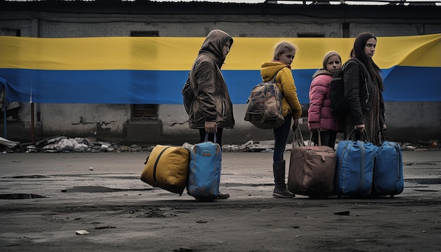 Фото Журналистская фотография двух украинских женщин-беженцев и детей, несущих багаж, ожидающих в очереди на