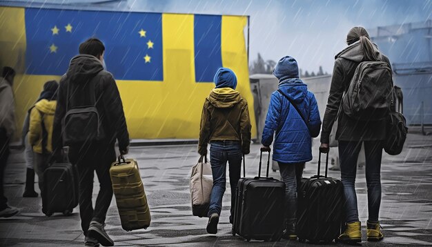 Фото Журналистская фотография двух украинских женщин-беженцев и детей, несущих багаж, ожидающих в очереди на