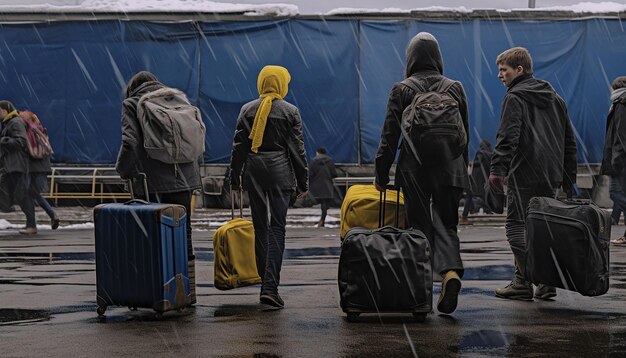 Фото Журналистская фотография двух украинских женщин-беженцев и детей, несущих багаж, ожидающих в очереди на