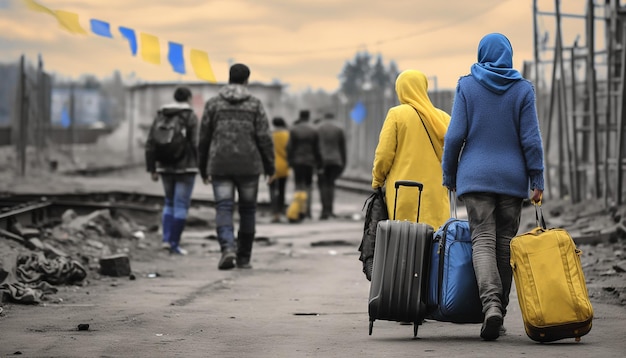 写真 2人のウクライナ人難民の女性と子供たちが荷物を運んで 列に並んで待っている