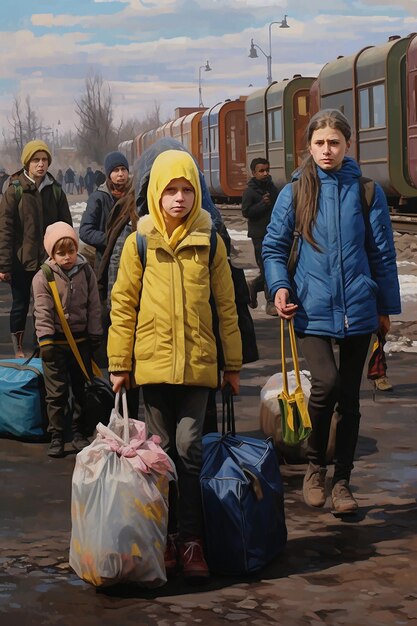 Фото Журналистская фотография двух украинских женщин-беженцев и детей, несущих багаж, ожидающих в очереди на