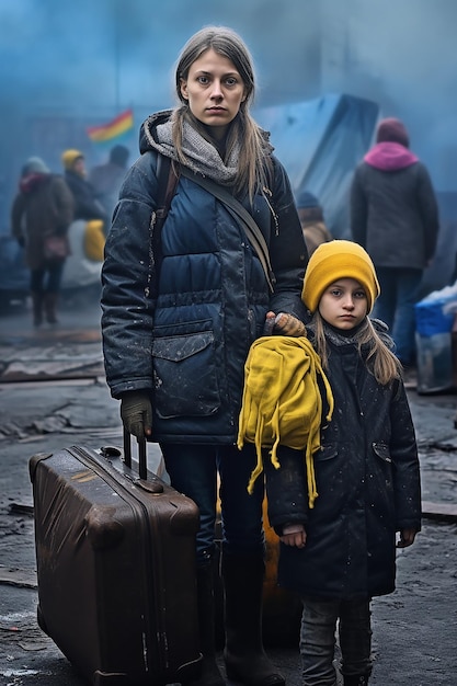Фото Журналистическое фото двух украинских беженцев - женщин и детей, несущих багаж