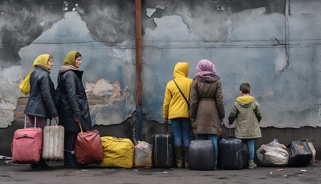 Foto foto giornalistica di due donne e bambini rifugiati ucraini che portano bagagli in fila per