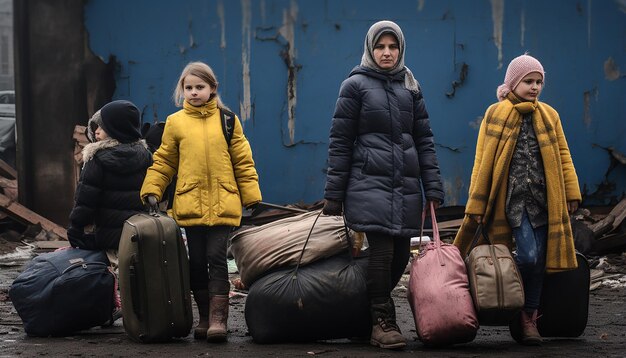Журналистская фотография двух украинских женщин-беженцев и детей, несущих багаж, ожидающих в очереди на