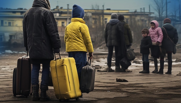 Журналистская фотография двух украинских женщин-беженцев и детей, несущих багаж, ожидающих в очереди на