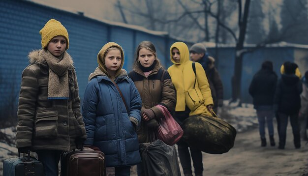 두 명의 우크라이나 난민 여성과 아이들이 짐을 들고 줄을 서서 기다리는 기자 사진