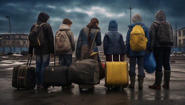 journalistic photo of two ukrainian refugee women and children carrying luggage waiting in line to