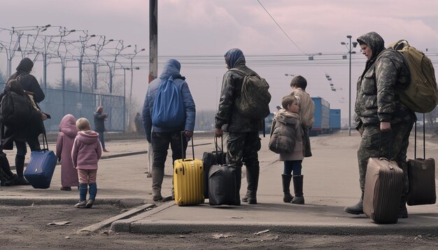2人のウクライナ人難民の女性と子供たちが荷物を運んで 列に並んで待っている