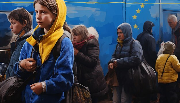 journalistic photo of two ukrainian refugee women and children carrying luggage waiting in line to