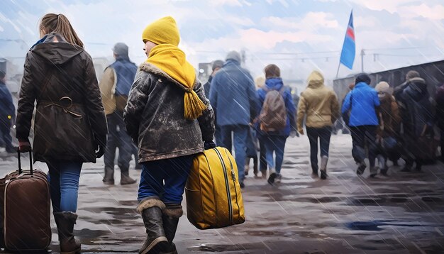 Foto foto giornalistica di due donne e bambini rifugiati ucraini che portano bagagli in fila per