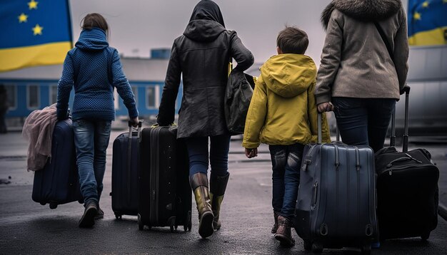 journalistic photo of two ukrainian refugee women and children carrying luggage waiting in line to