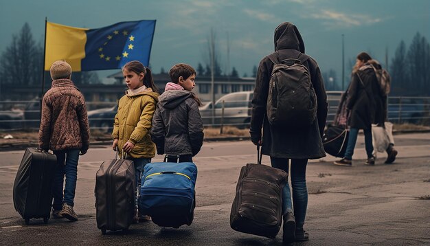 Foto foto giornalistica di due donne e bambini rifugiati ucraini che portano bagagli in fila per