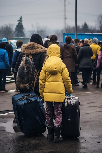 2人のウクライナ人難民の女性と子供たちが荷物を運んで 列に並んで待っている