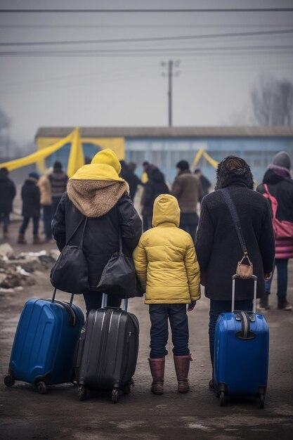 Journalistic photo of two ukrainian refugee women and children carrying luggage waiting in line to