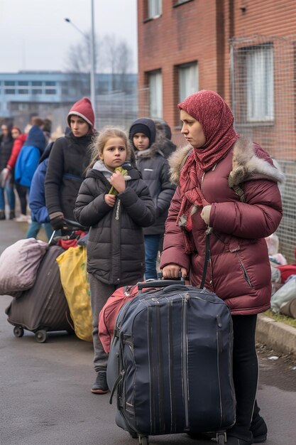 Foto foto giornalistica di due donne e bambini rifugiati ucraini che portano bagagli in fila per