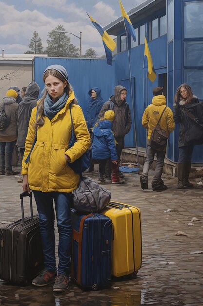 Journalistic photo of two ukrainian refugee women and children carrying luggage waiting in line to