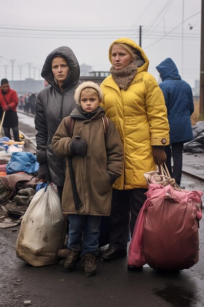 Photo journalistic photo of two ukrainian refugee women and children carrying luggage waiting in line to