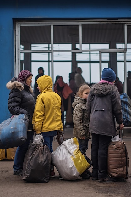 journalistic photo of two ukrainian refugee women and children carrying luggage