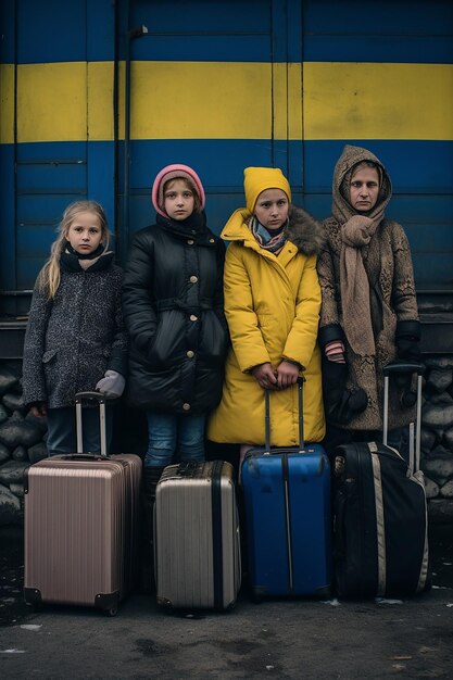 Foto foto giornalistica di due donne e bambini rifugiati ucraini che trasportano bagagli