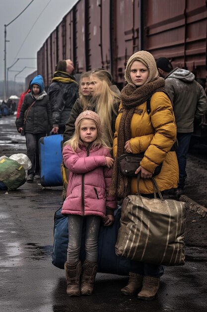 Журналистическое фото двух украинских беженцев - женщин и детей, несущих багаж