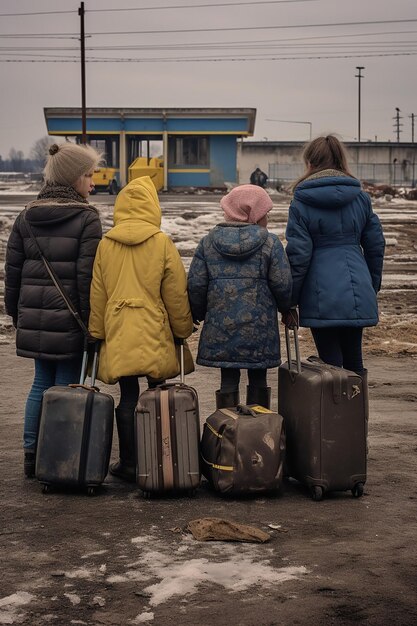 Foto foto giornalistica di due donne e bambini rifugiati ucraini che trasportano bagagli