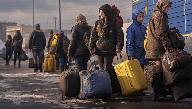 Foto journalistieke foto van twee oekraïense vluchtelingenvrouwen en kinderen die bagage dragen en in de rij wachten om