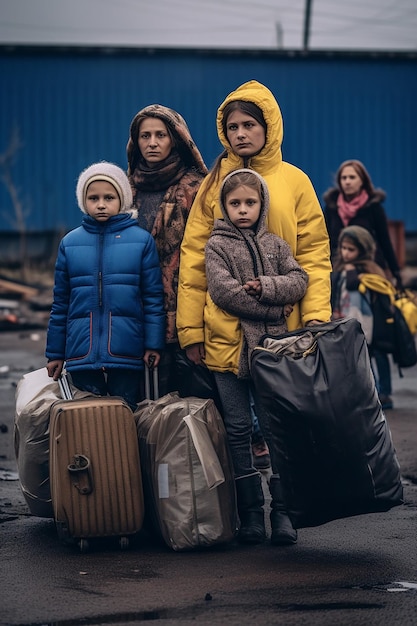 Foto journalistieke foto van twee oekraïense vluchtelingenvrouwen en kinderen die bagage dragen en in de rij wachten om