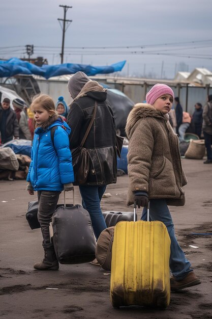 Foto journalistieke foto van twee oekraïense vluchtelingenvrouwen en kinderen die bagage dragen en in de rij wachten om