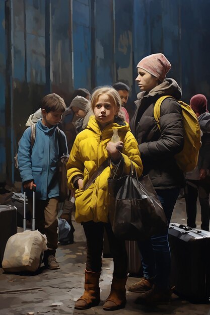 journalistieke foto van twee Oekraïense vluchtelingenvrouwen en kinderen die bagage dragen