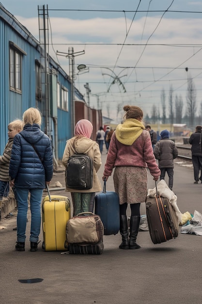 journalistieke foto van twee Oekraïense vluchtelingenvrouwen en kinderen die bagage dragen