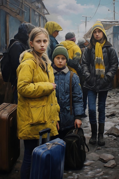 Foto journalistieke foto van twee oekraïense vluchtelingenvrouwen en kinderen die bagage dragen