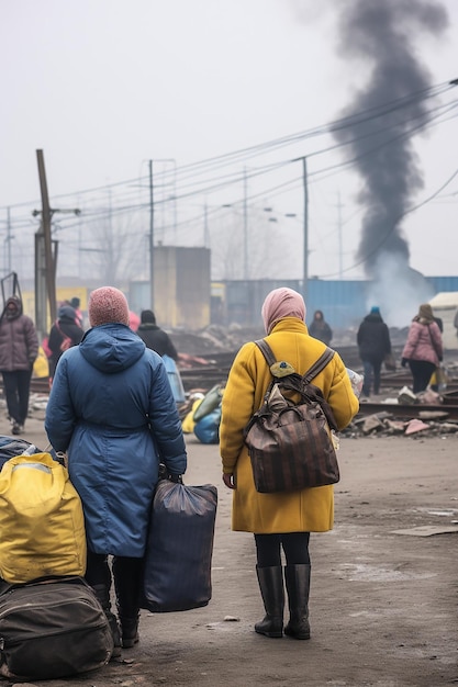 journalistieke foto van twee Oekraïense vluchtelingenvrouwen en kinderen die bagage dragen