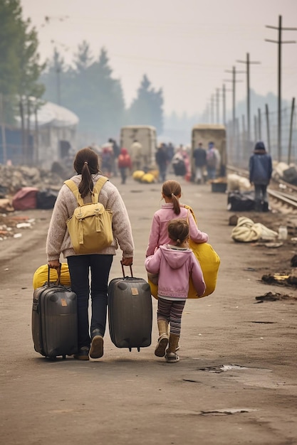 journalistieke foto van twee Oekraïense vluchtelingenvrouwen en kinderen die bagage dragen