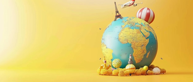Photo journey around the world concept 3d rendering of globe with travel elements