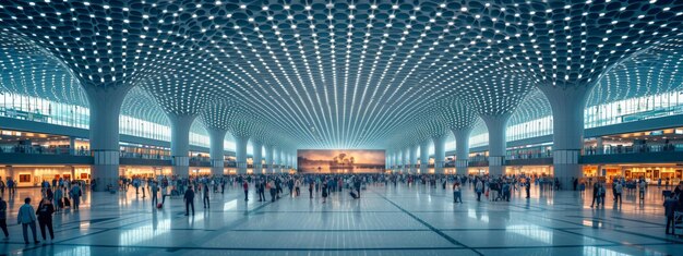 여행 이 시작 됩니다. 활기찬 여행자 집단 이 공항 을 걸어가고 있습니다.