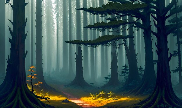 Journey to the deep dark forest woodland jungle sci fi landscape High Quality Generative AI Post Processed