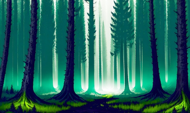 Journey to the deep dark forest woodland jungle sci fi landscape High Quality Generative AI Post Processed