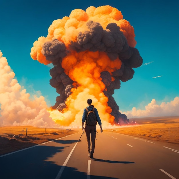 Journey into Chaos Man Walking Toward the Explosion AIGenerated