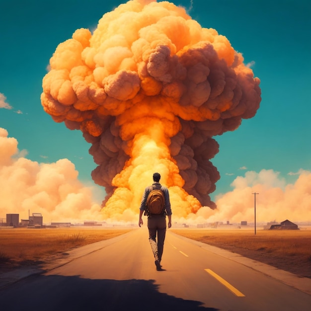 Journey into Chaos Man Walking Towards the Explosion AIGenerated