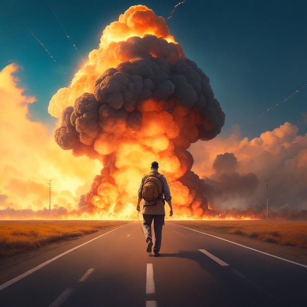 Journey into Chaos Man Walking Towards the Explosion AIGenerated