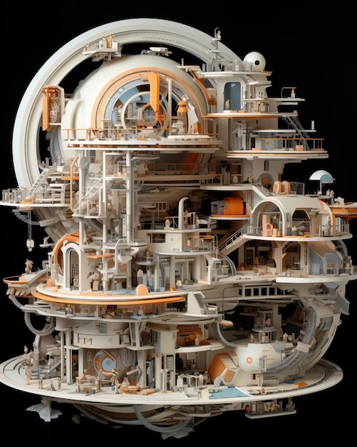 賑やかな宇宙ステーションの幻想的な 3D 紙彫刻で未来へ旅しましょう