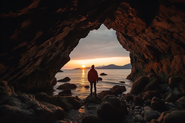 Foto viaggio verso la luce uomo in piedi in una grotta con un'uscita luminosa