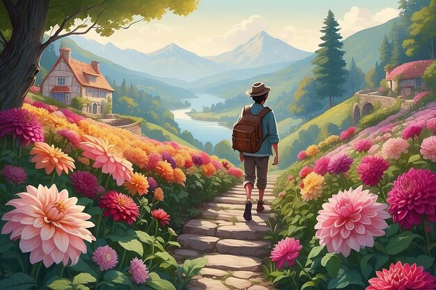 Journey Through Dahlia Adorned Landscape Illustration