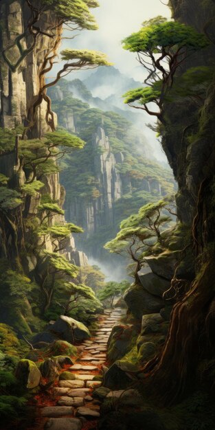 Photo journey through the enchanted forest a digital painting inspired by traditional chinese landscape