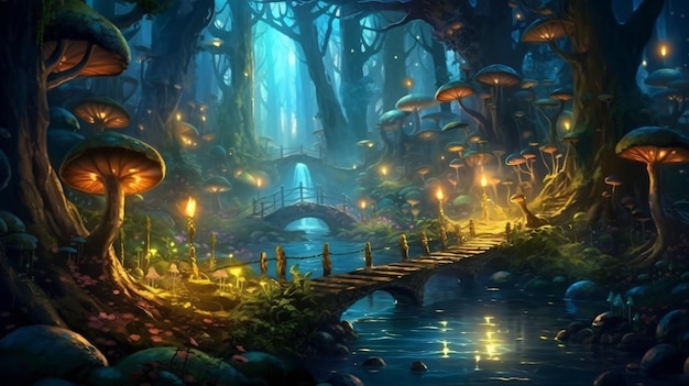 Journey Through the Enchanted Forest Discovering the Mystical Bridge and Abundant Mushrooms Generative AI