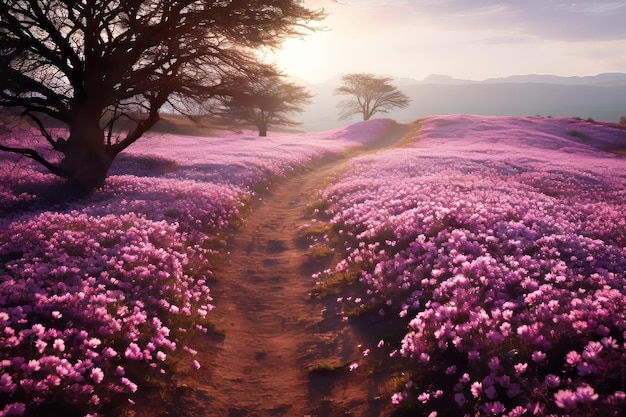 Journey Through a Lavender Wonderland Road Between Purple Flowers