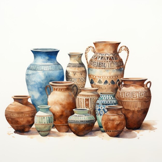 Journey through Time Exquisite 600 BC Pottery Unveiled in Jerusalem's White Background Watercolor